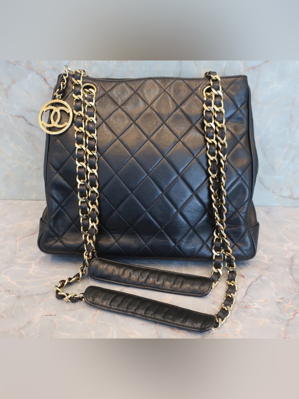 Authentic CHANEL quilted lambskin leather classic charm CC mini tote